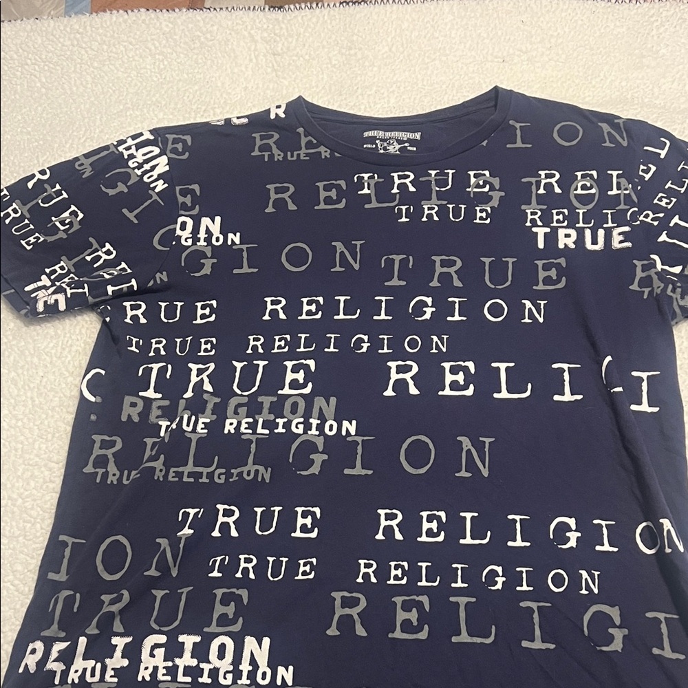 True Religion Navy and White Text Tee